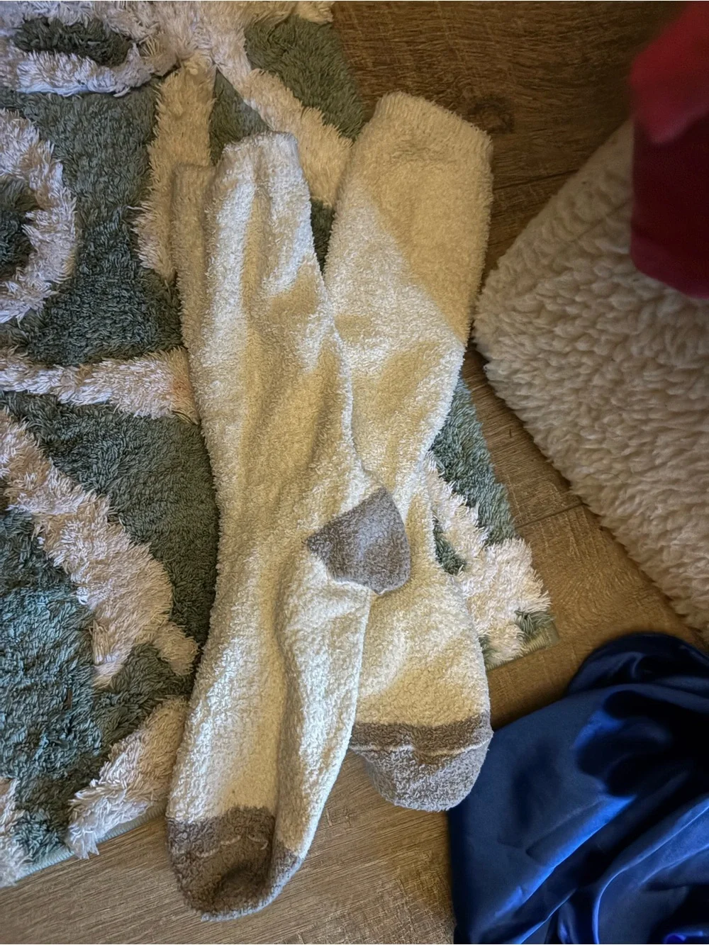 Cozy Cream Plush Knee-High Socks with Gray Accents
